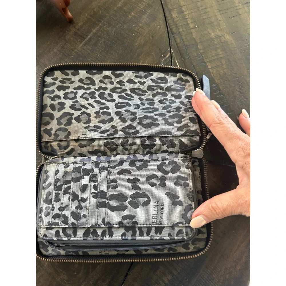 Perlina New York Black Leather Studded Zip Around Wallet Leopard Print Interior